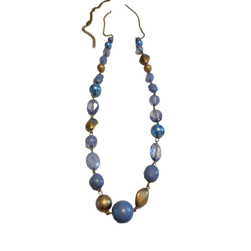 42" Blue, Gold and Metallic Beaded Fashion Necklace with Bronze Colored Chain